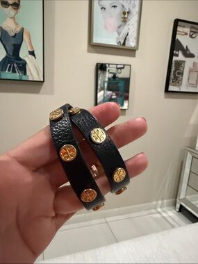 Tory Burch Black Leather Double Wrap Bracelet with Gold Logo Studs